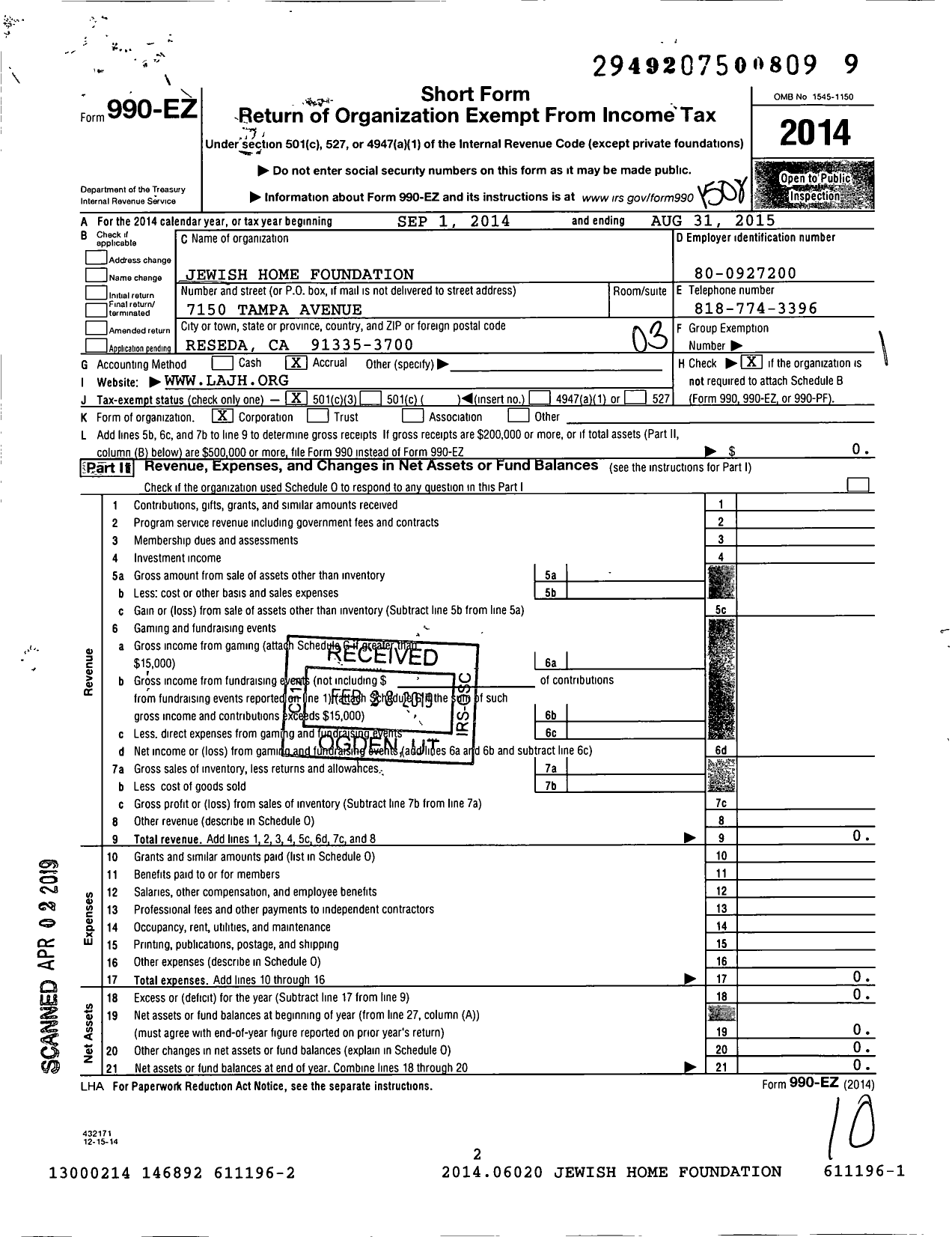 Image of first page of 2014 Form 990EZ for Jewish Home Foundation