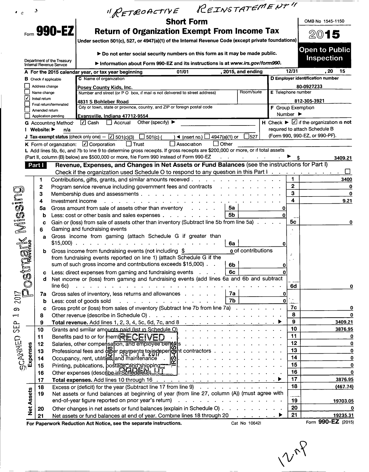 Image of first page of 2015 Form 990EZ for Posey County Kids
