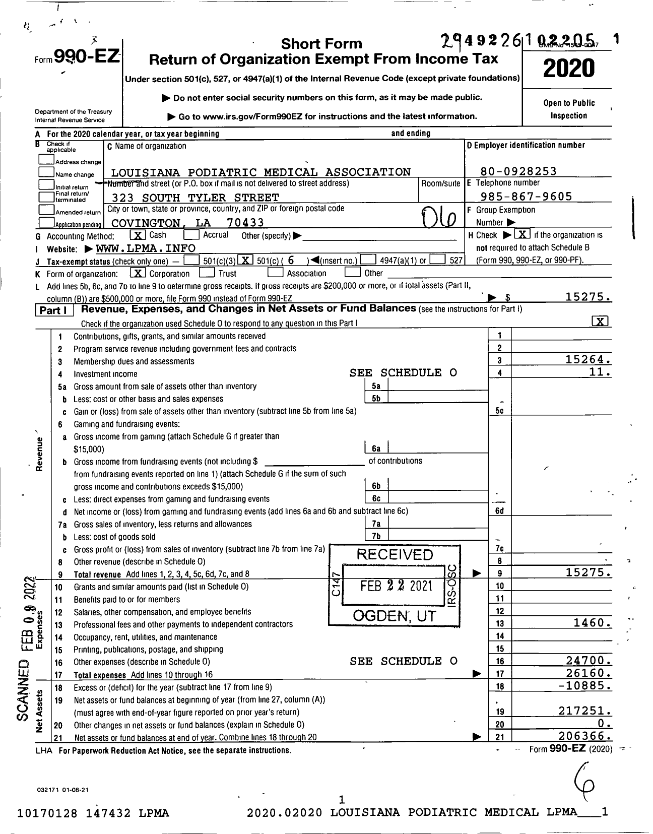 Image of first page of 2020 Form 990EO for Louisiana Podiatric Medical Association