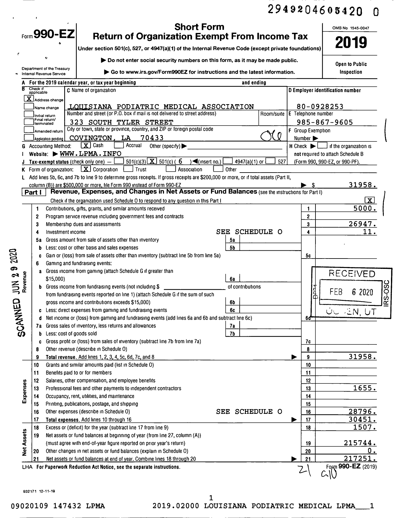 Image of first page of 2019 Form 990EO for Louisiana Podiatric Medical Association