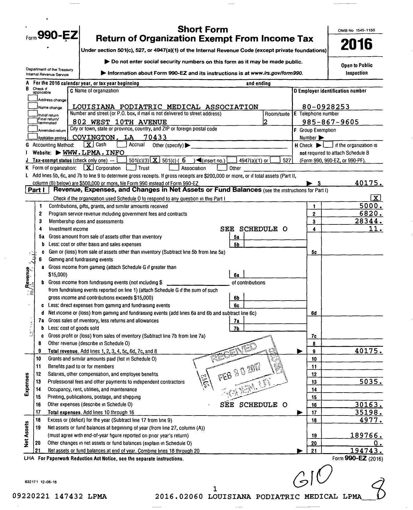 Image of first page of 2016 Form 990EO for Louisiana Podiatric Medical Association