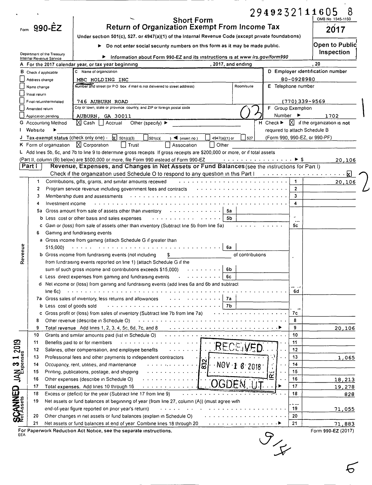 Image of first page of 2017 Form 990EZ for MBC Holding