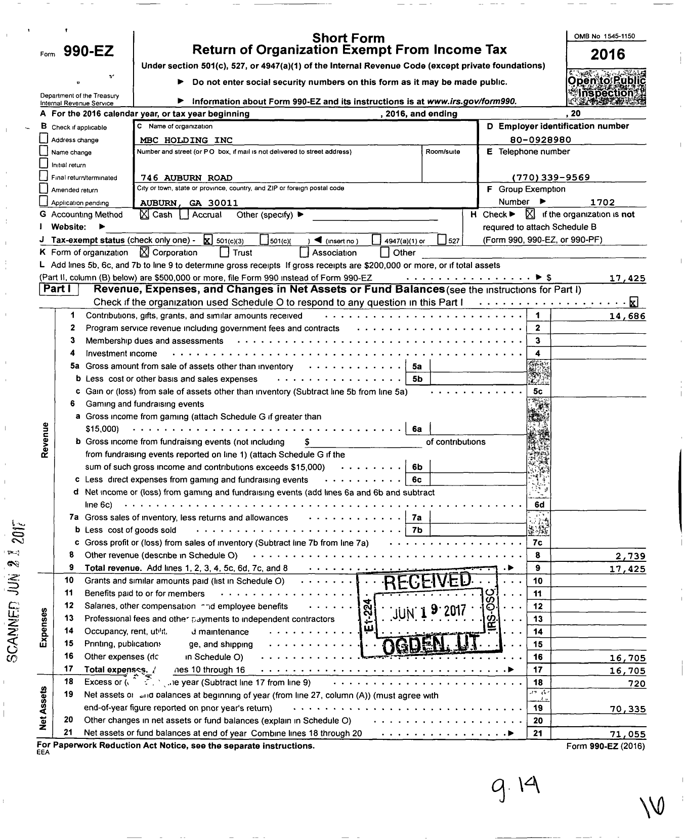 Image of first page of 2016 Form 990EZ for MBC Holding