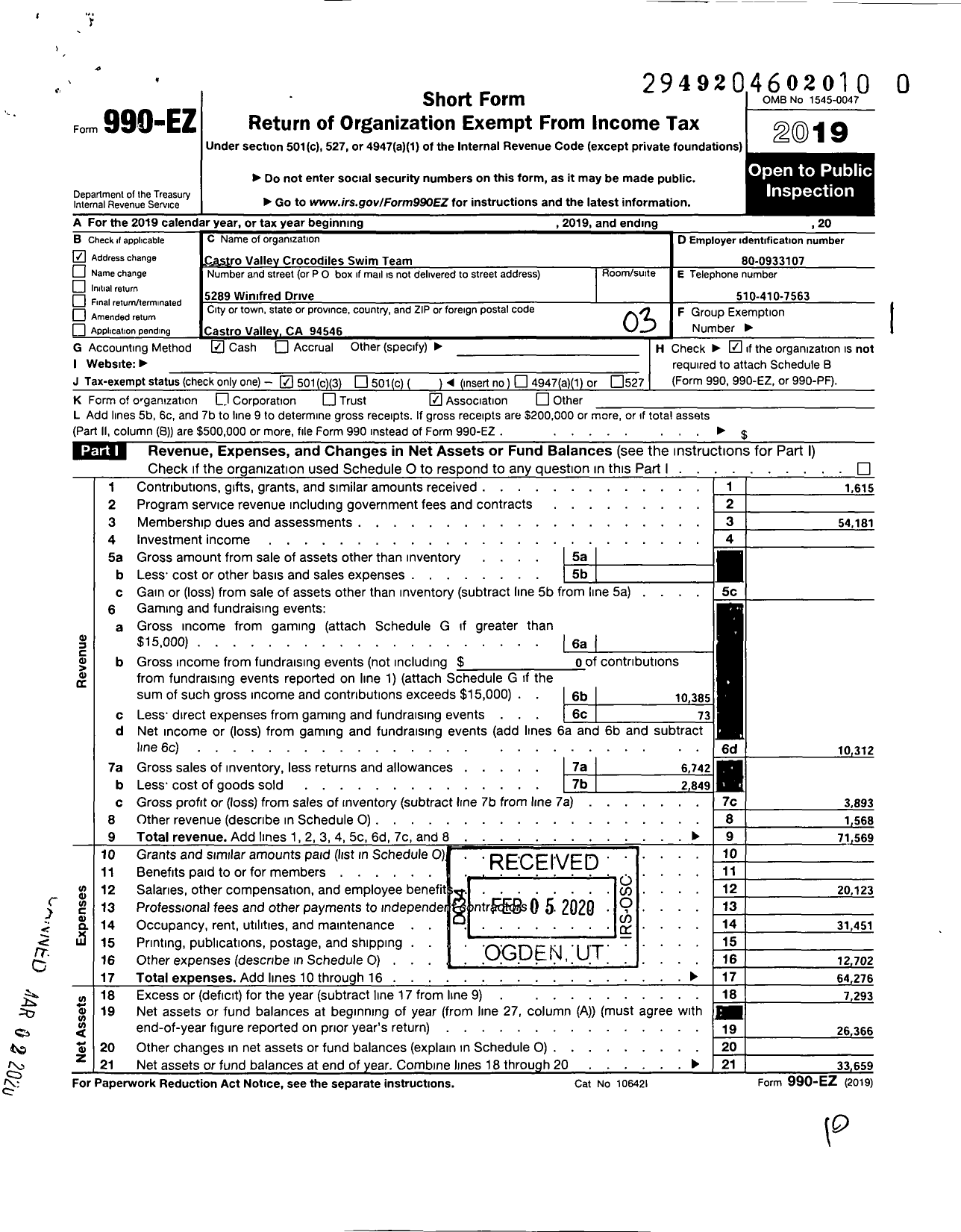 Image of first page of 2019 Form 990EZ for Castro Valley Crocodiles Swim Team