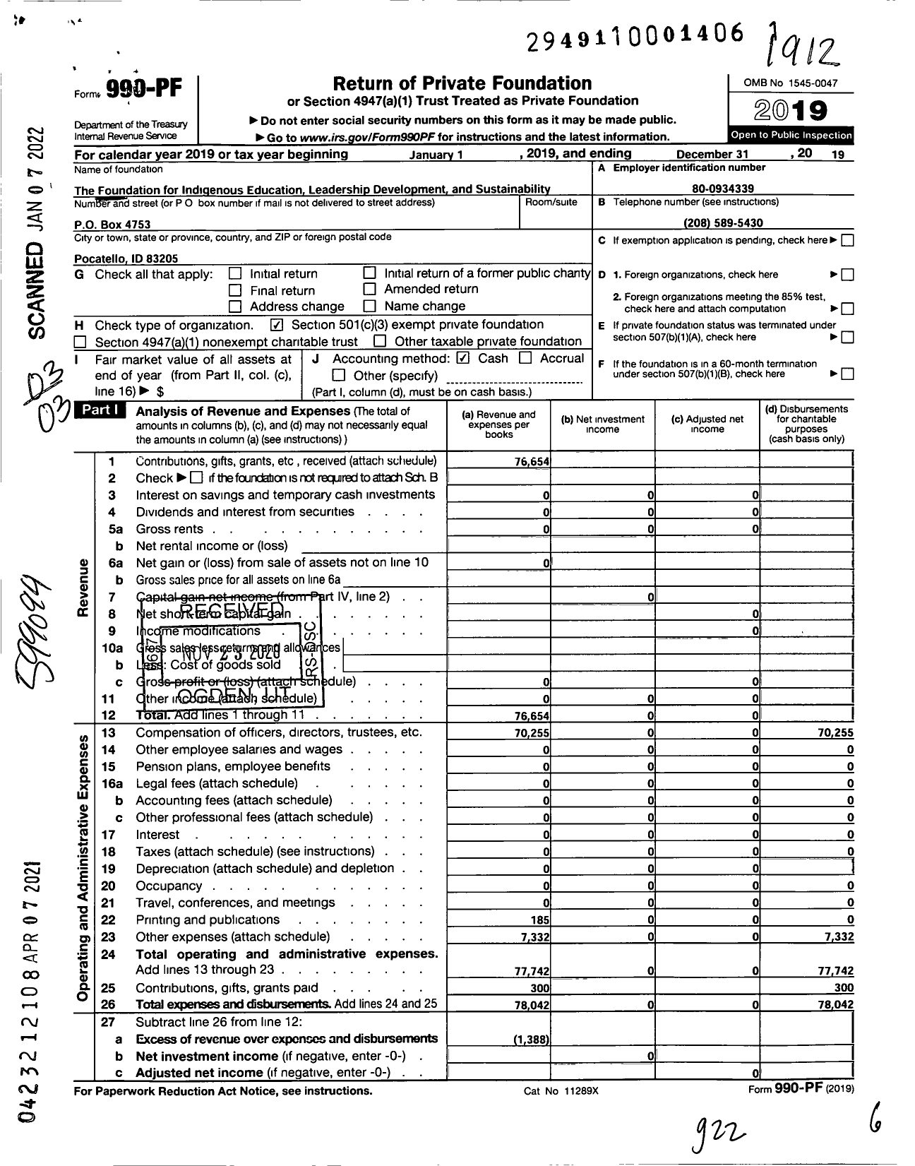 Image of first page of 2019 Form 990PF for The Foundation for Indigenous Education Leadership Development