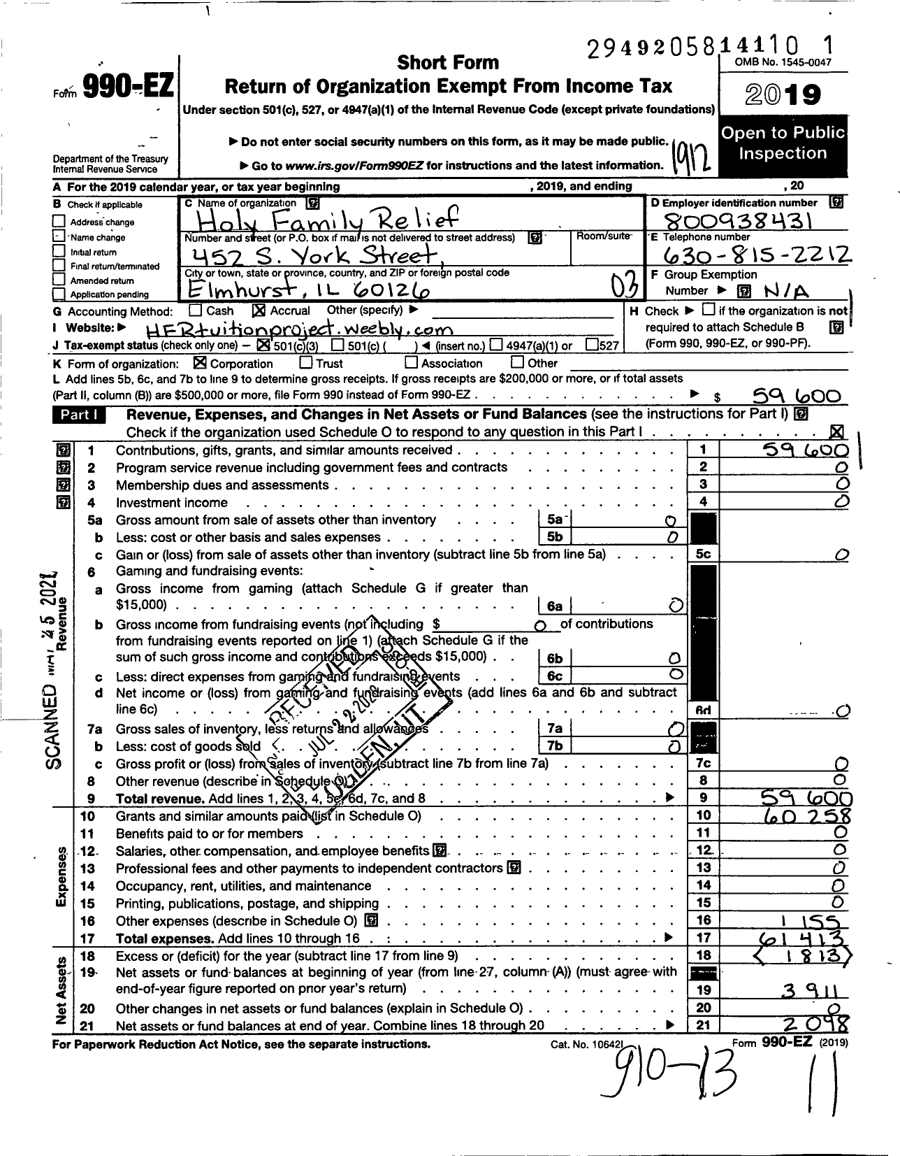 Image of first page of 2019 Form 990EZ for Holy Family Relief