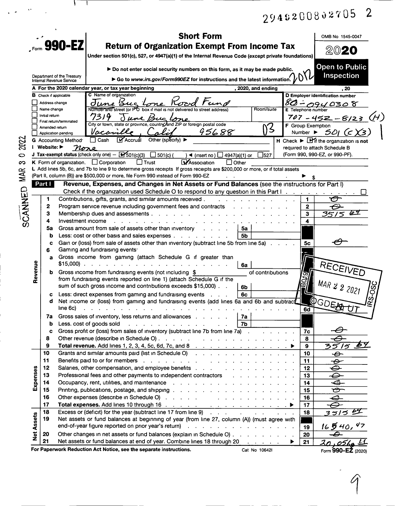 Image of first page of 2020 Form 990EZ for Junebug Lane Road Fund