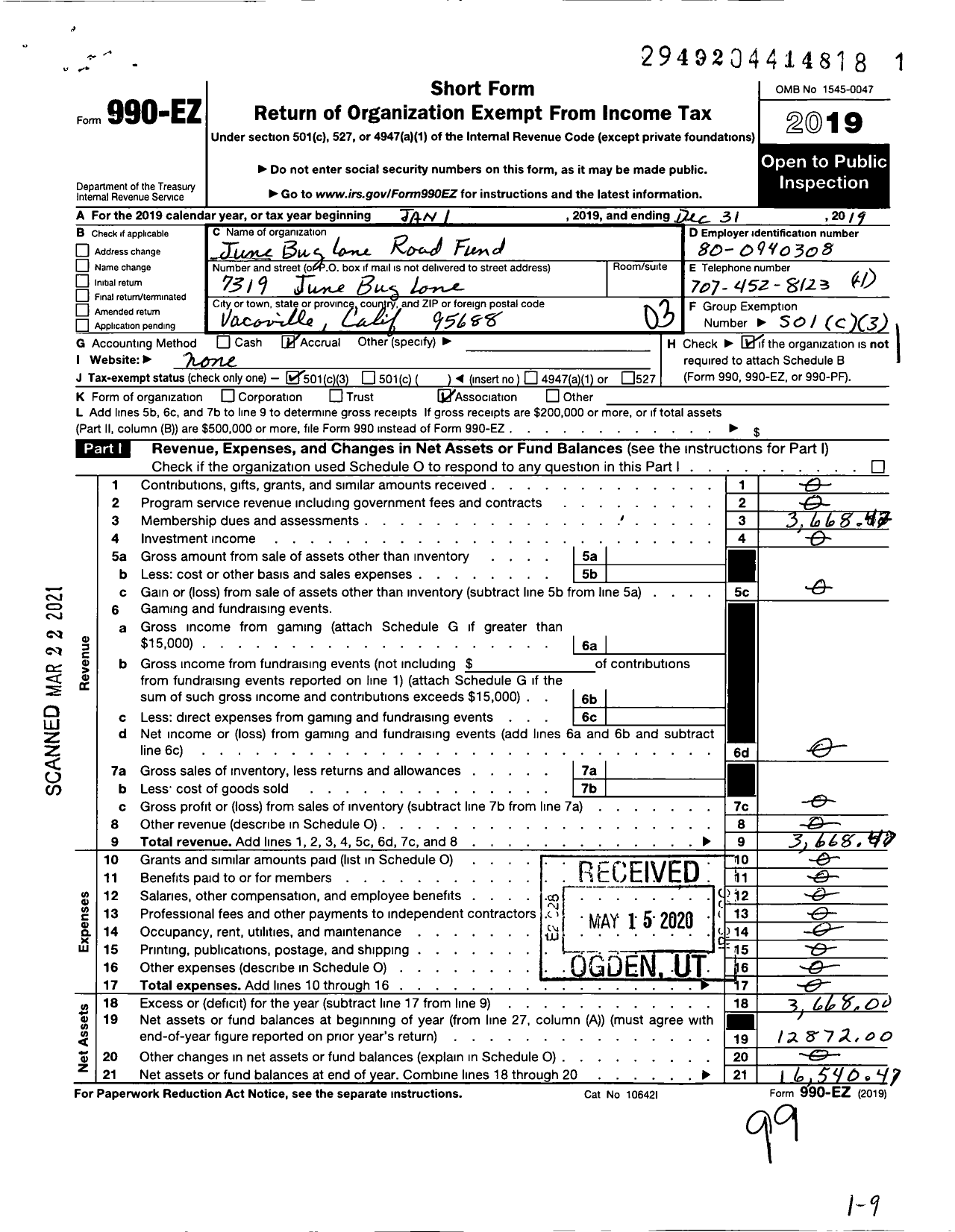 Image of first page of 2019 Form 990EZ for Junebug Lane Road Fund