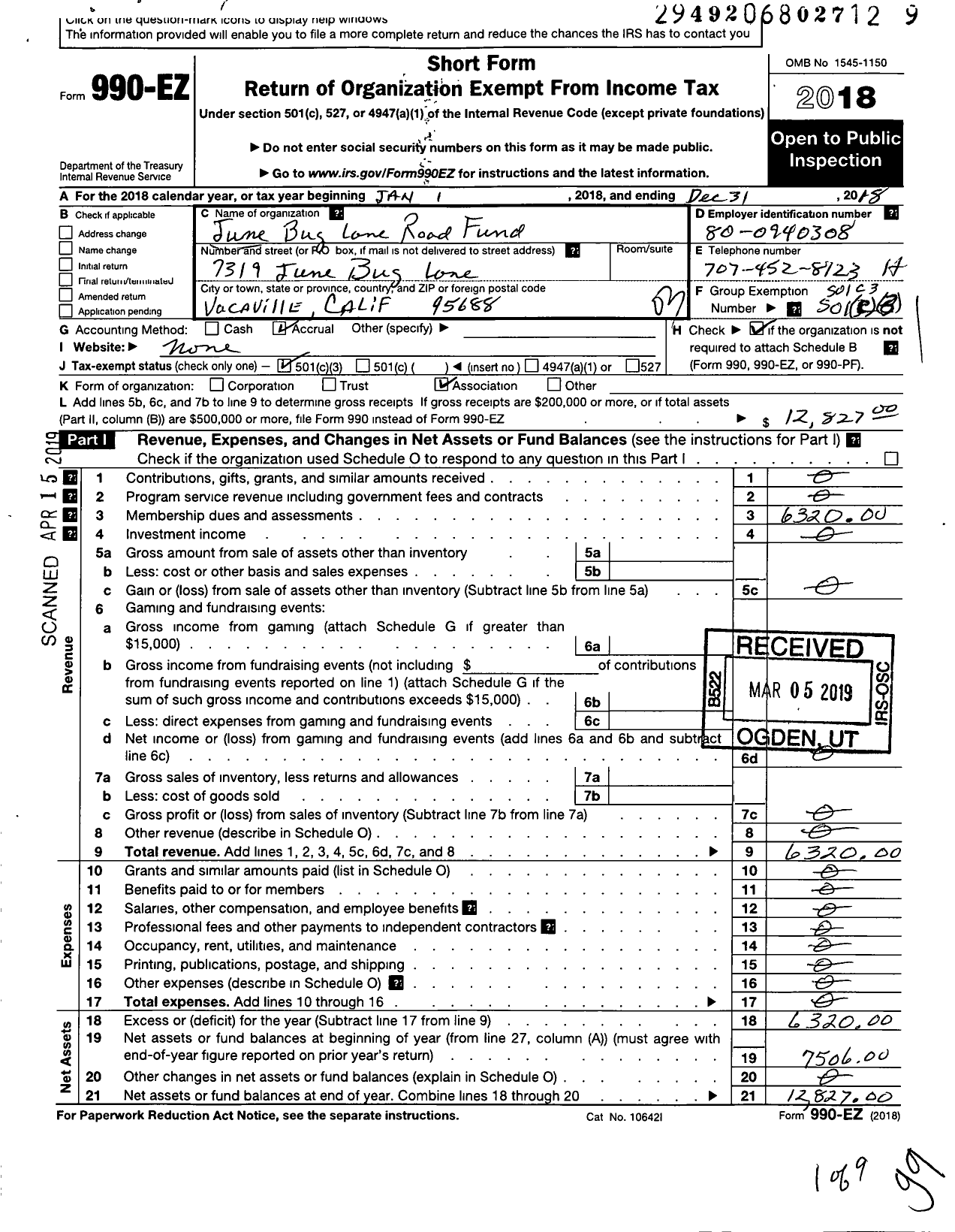 Image of first page of 2018 Form 990EZ for Junebug Lane Road Fund