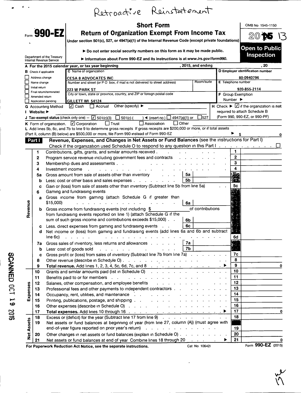 Image of first page of 2013 Form 990EZ for Cesa 8 Advocates