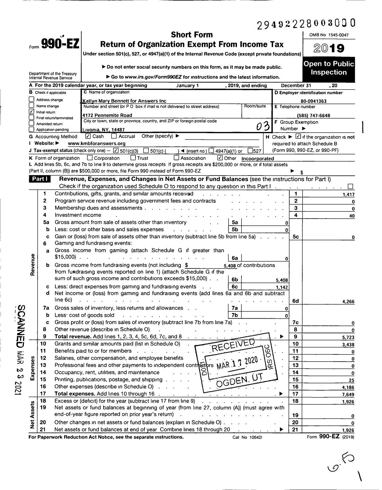 Image of first page of 2019 Form 990EZ for Katlyn Mary Bennett for Answers