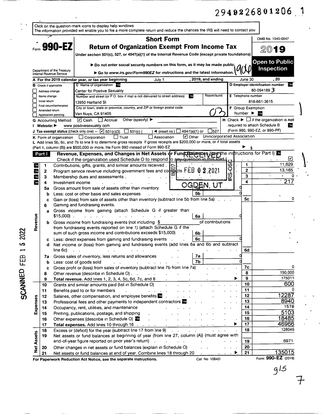 Image of first page of 2018 Form 990EZ for Center for Positive Sexuality