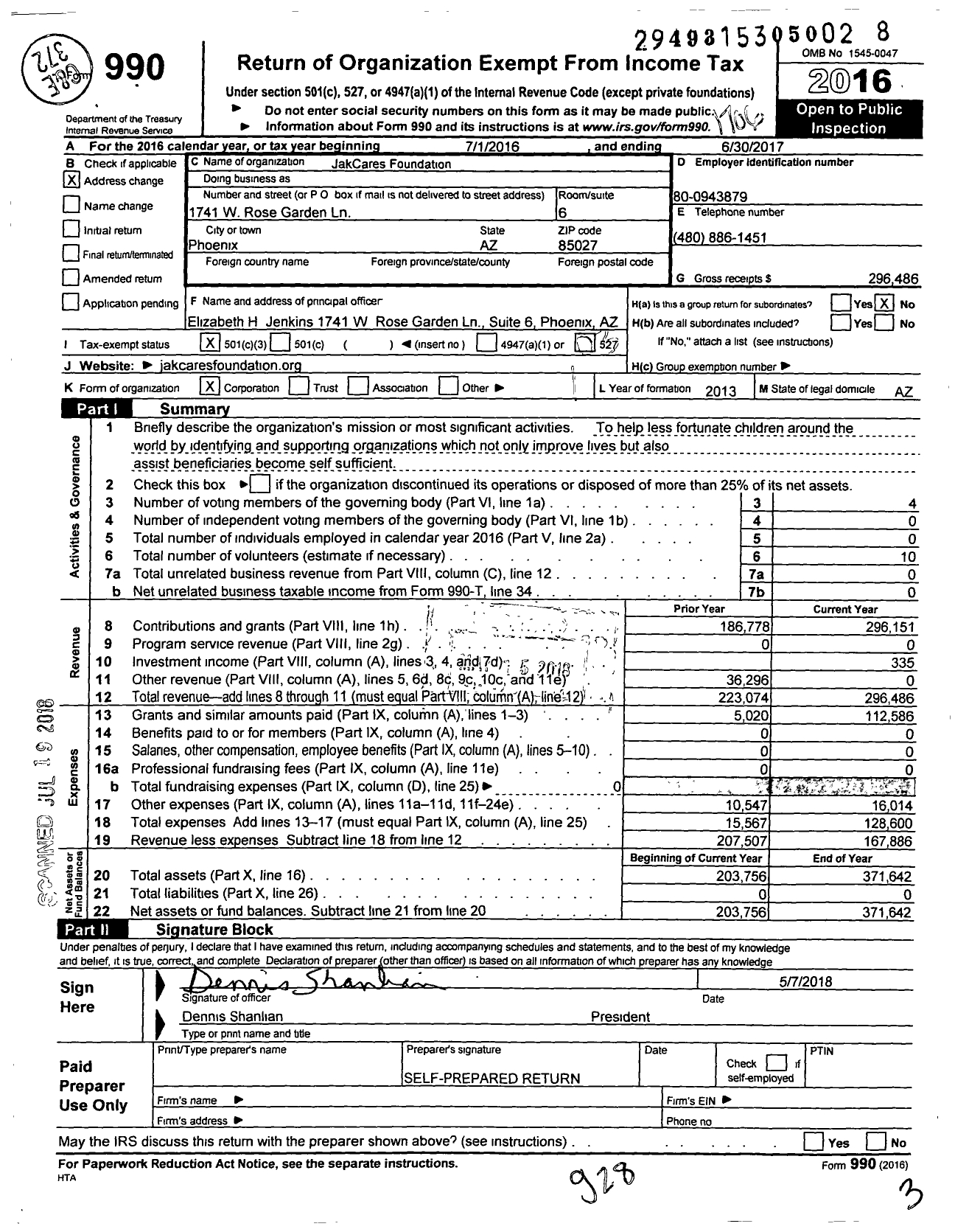 Image of first page of 2016 Form 990 for Jakcares Foundation