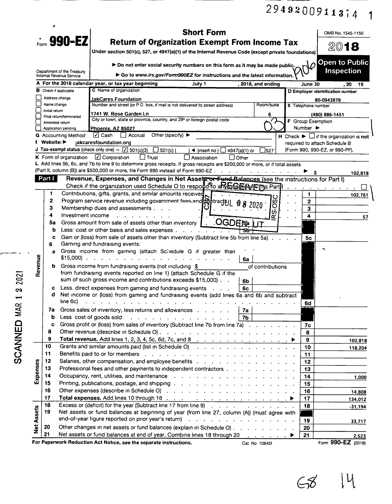 Image of first page of 2018 Form 990EZ for Jakcares Foundation