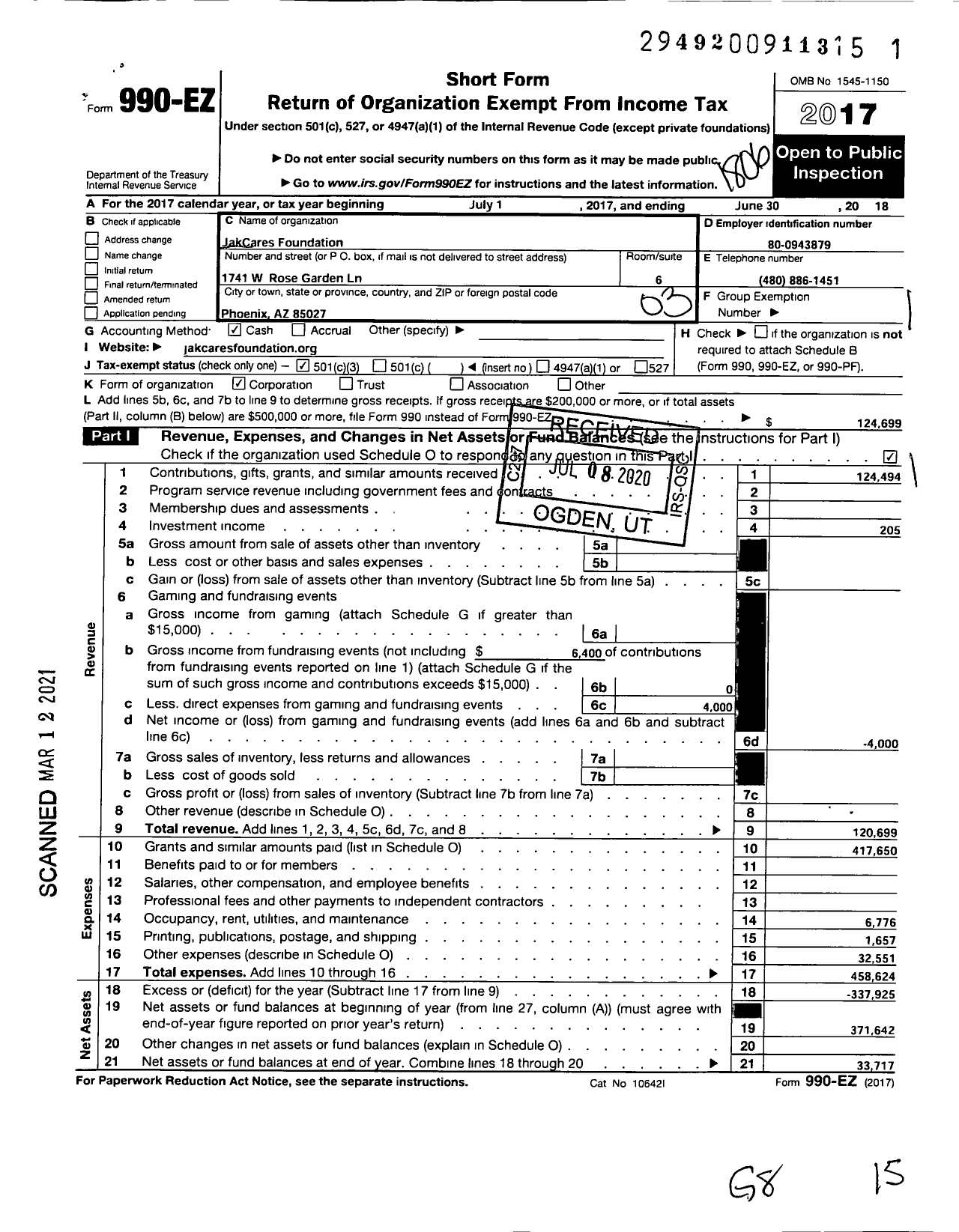 Image of first page of 2017 Form 990EZ for Jakcares Foundation