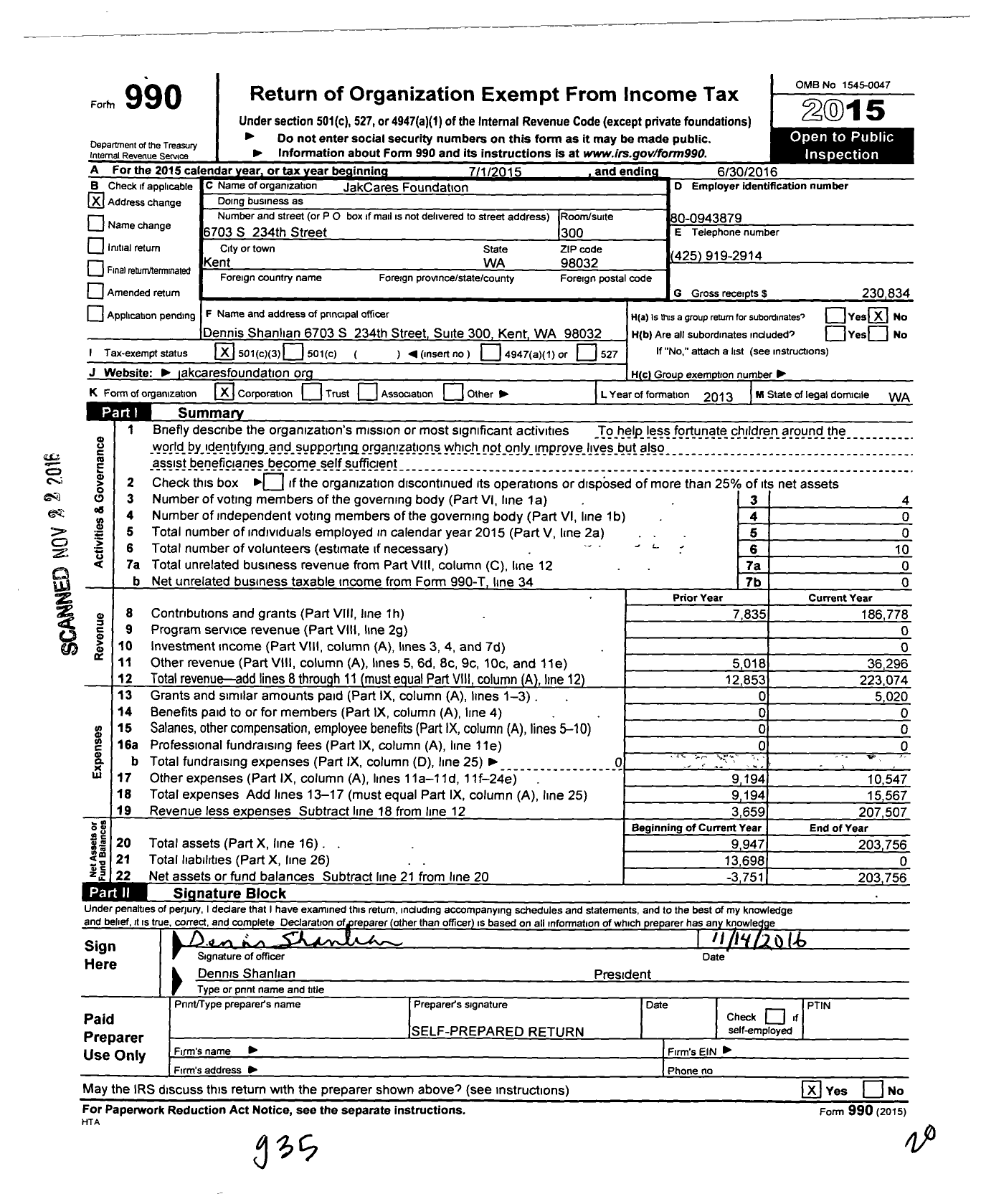 Image of first page of 2015 Form 990 for Jakcares Foundation