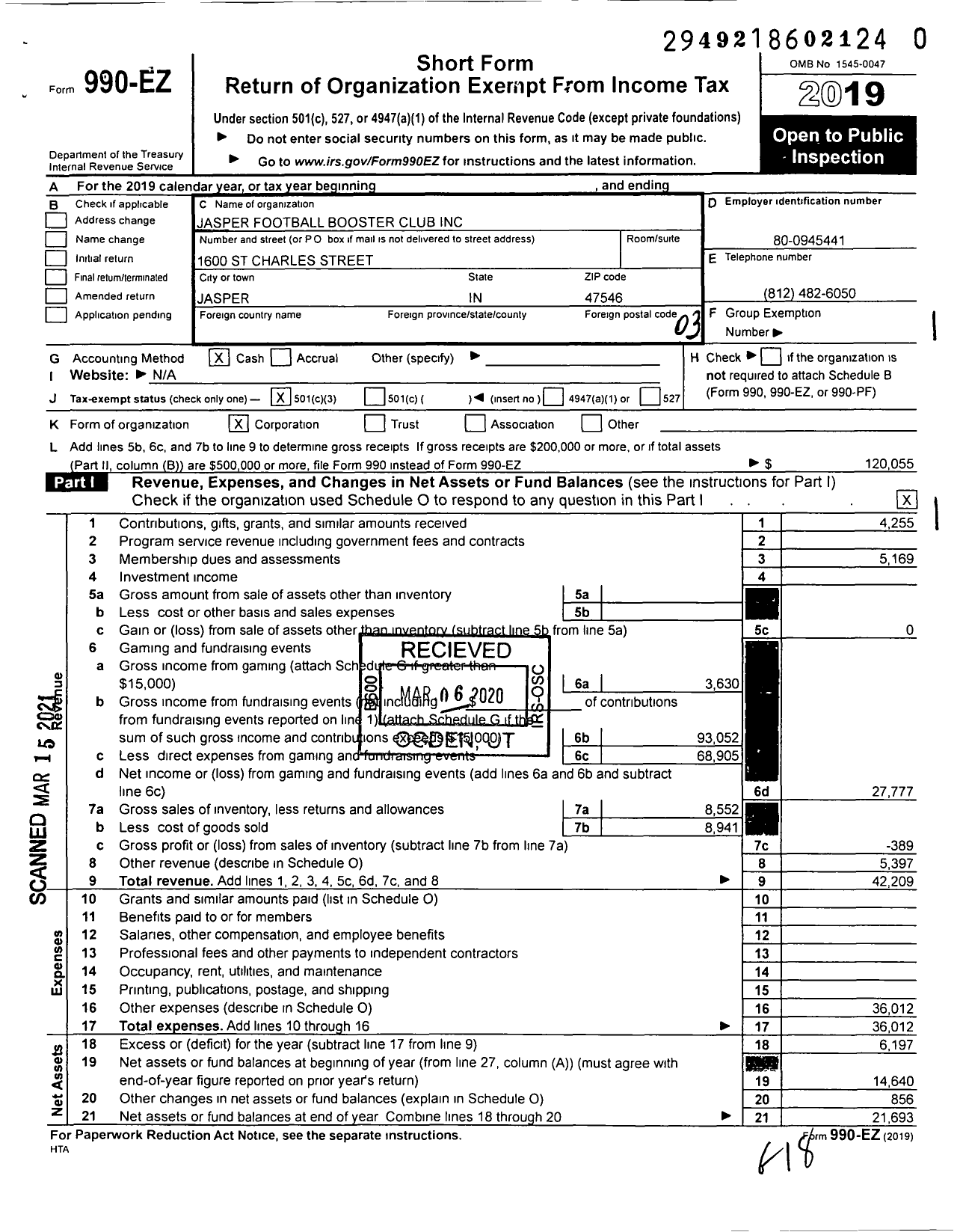 Image of first page of 2019 Form 990EZ for Jasper Football Booster Club