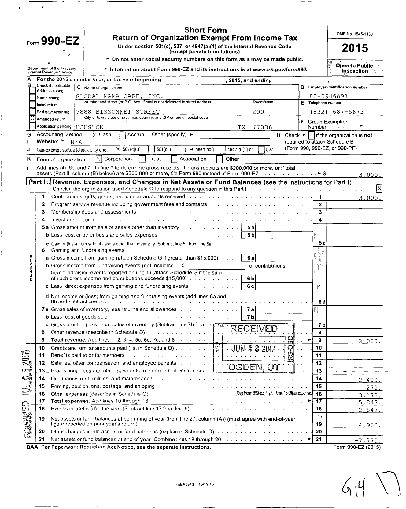 Image of first page of 2015 Form 990EZ for Global Mama Care