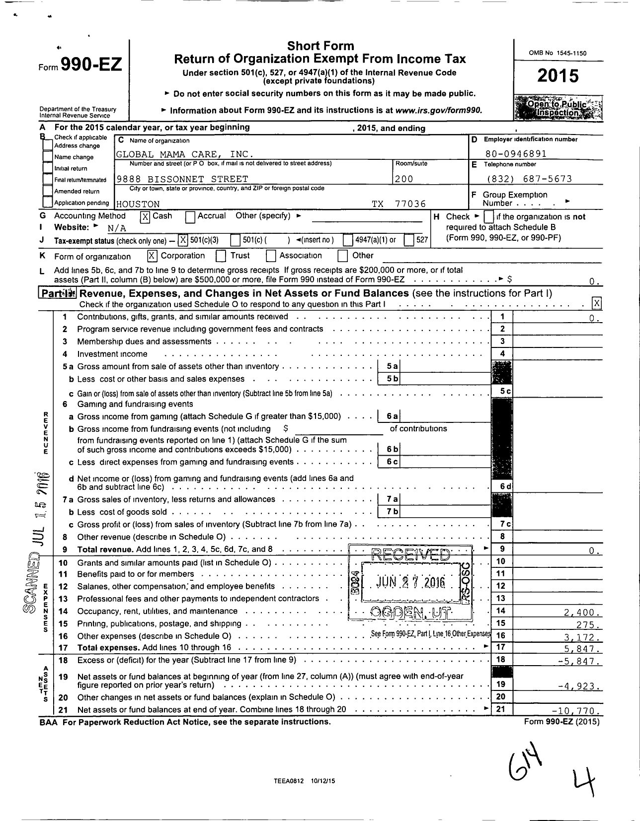 Image of first page of 2015 Form 990EZ for Global Mama Care