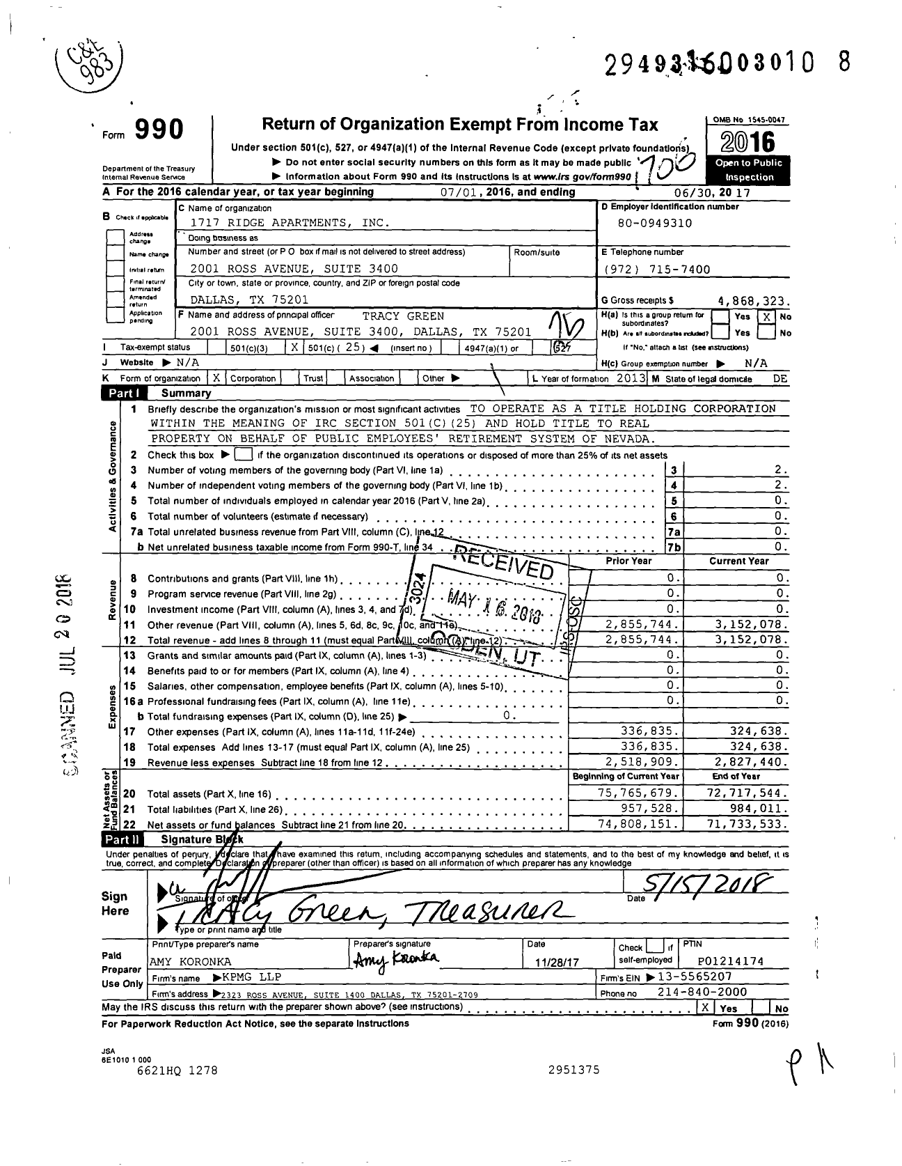 Image of first page of 2016 Form 990O for 1717 Ridge Apartments