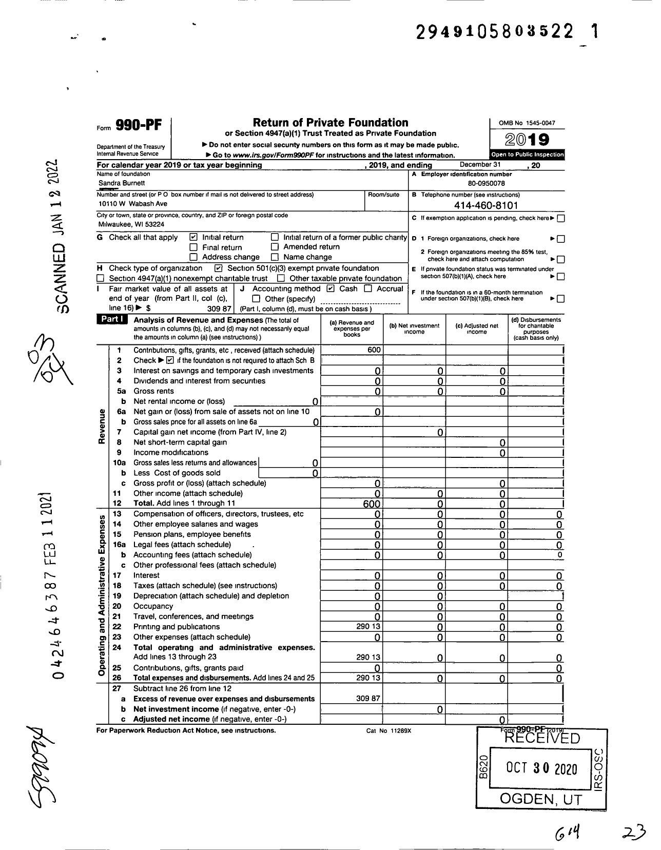 Image of first page of 2019 Form 990PF for Sandra Burnett Ministries Incorporated