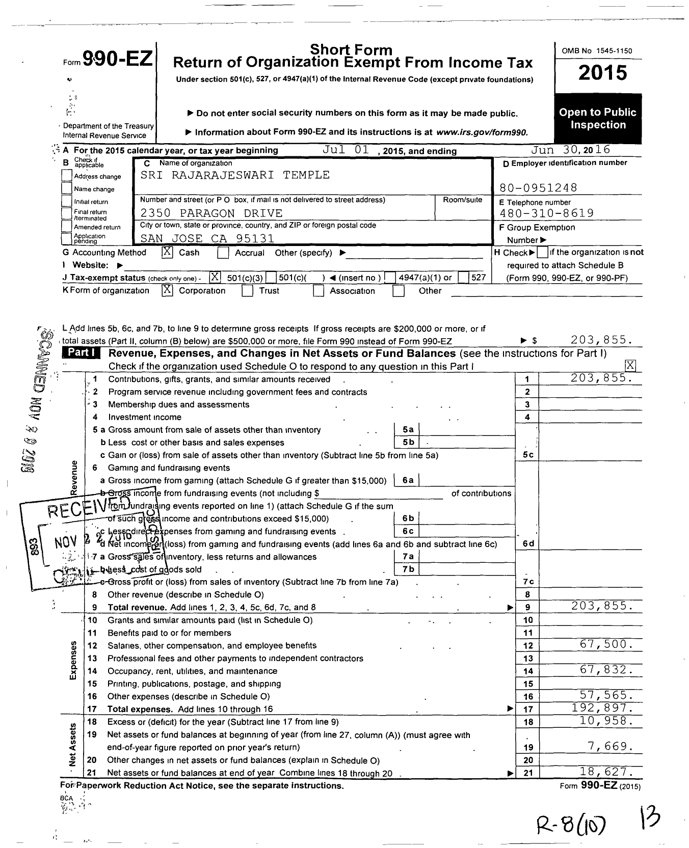 Image of first page of 2015 Form 990EZ for Bharathiya Hindu Temple & Cultural CentreSri Raja