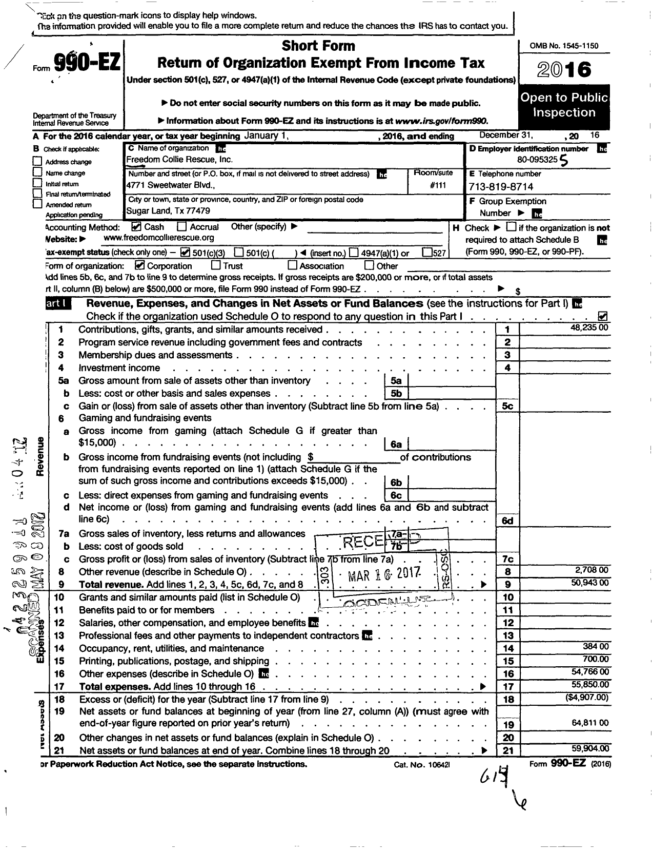 Image of first page of 2016 Form 990EZ for Freedom Collie Rescue