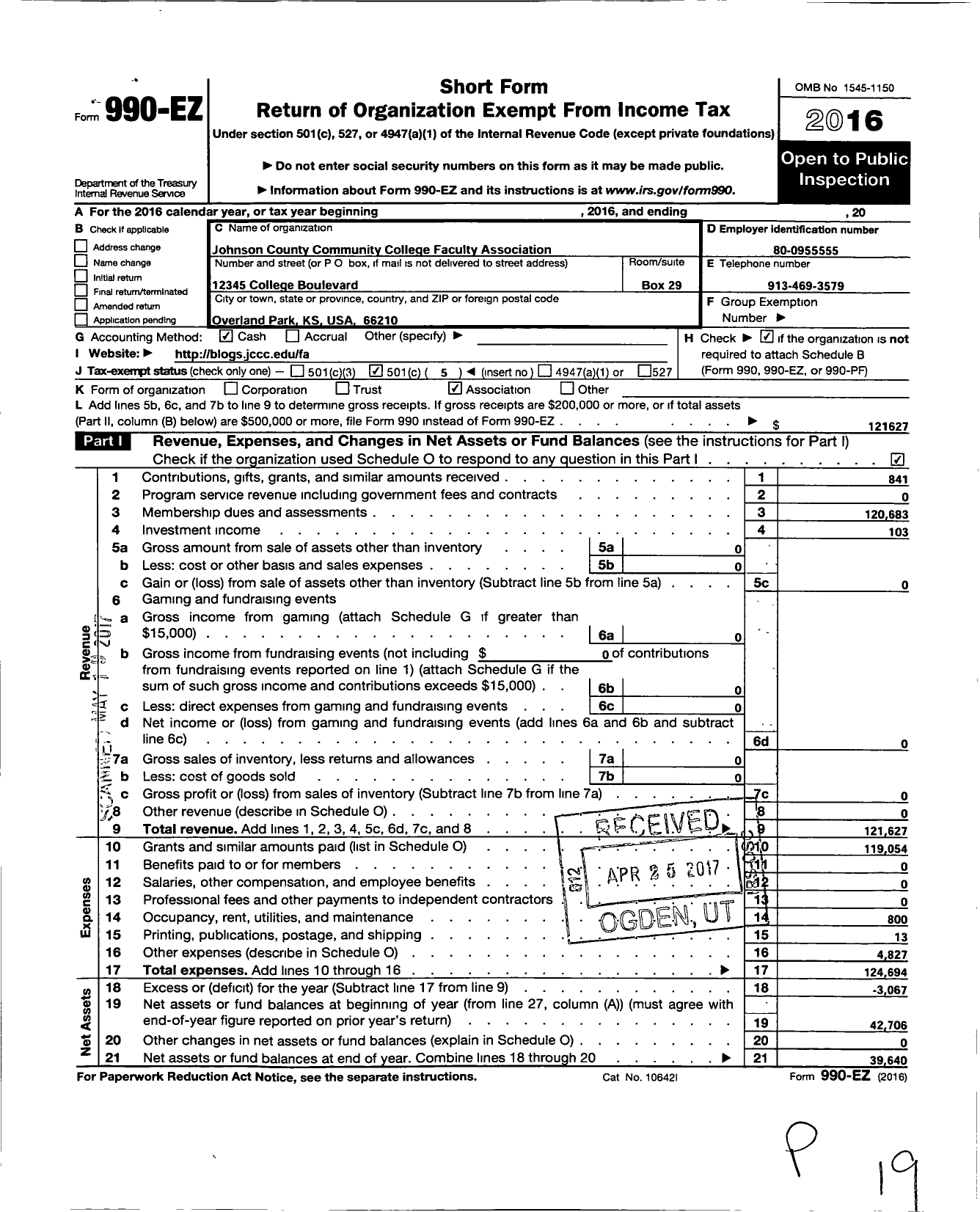 Image of first page of 2016 Form 990EO for Faculty Association Johnson County