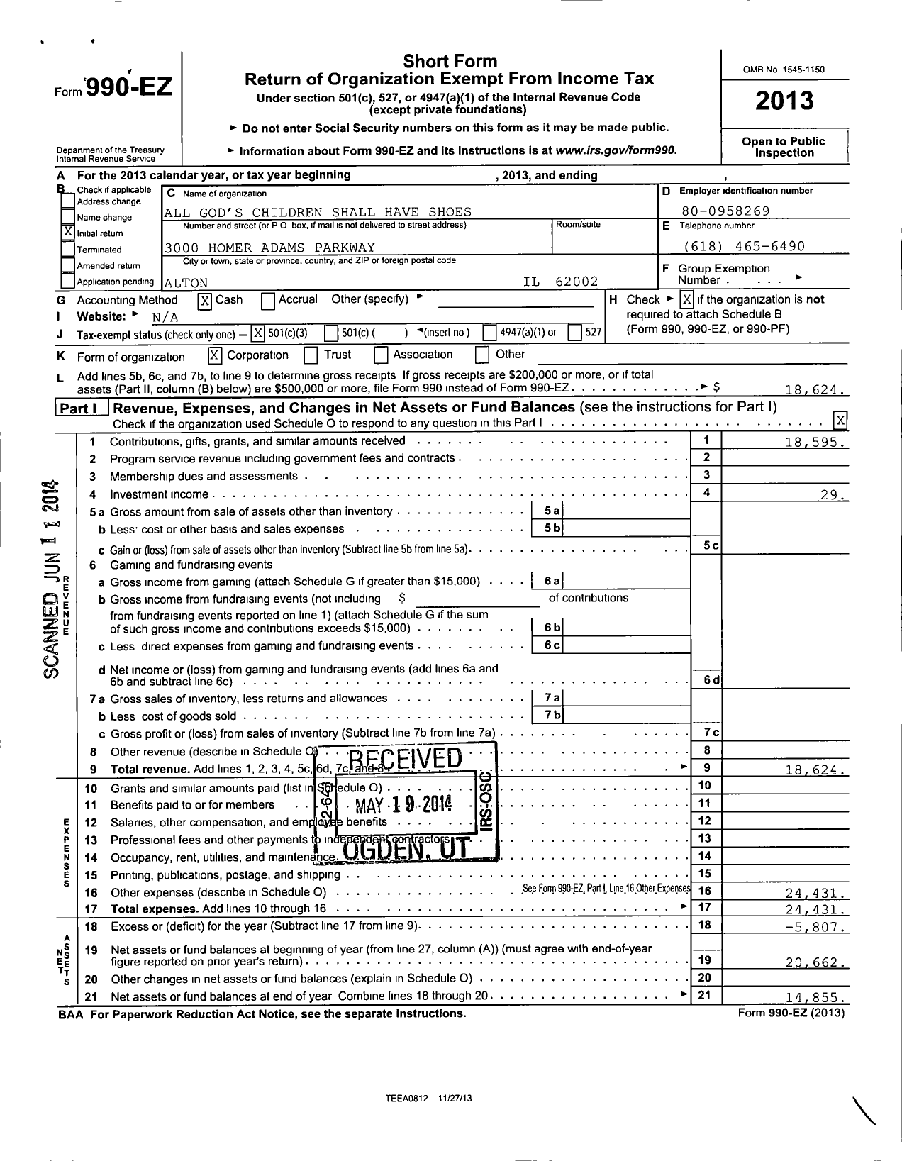 Image of first page of 2013 Form 990EZ for All God's Children Shall Have Shoes