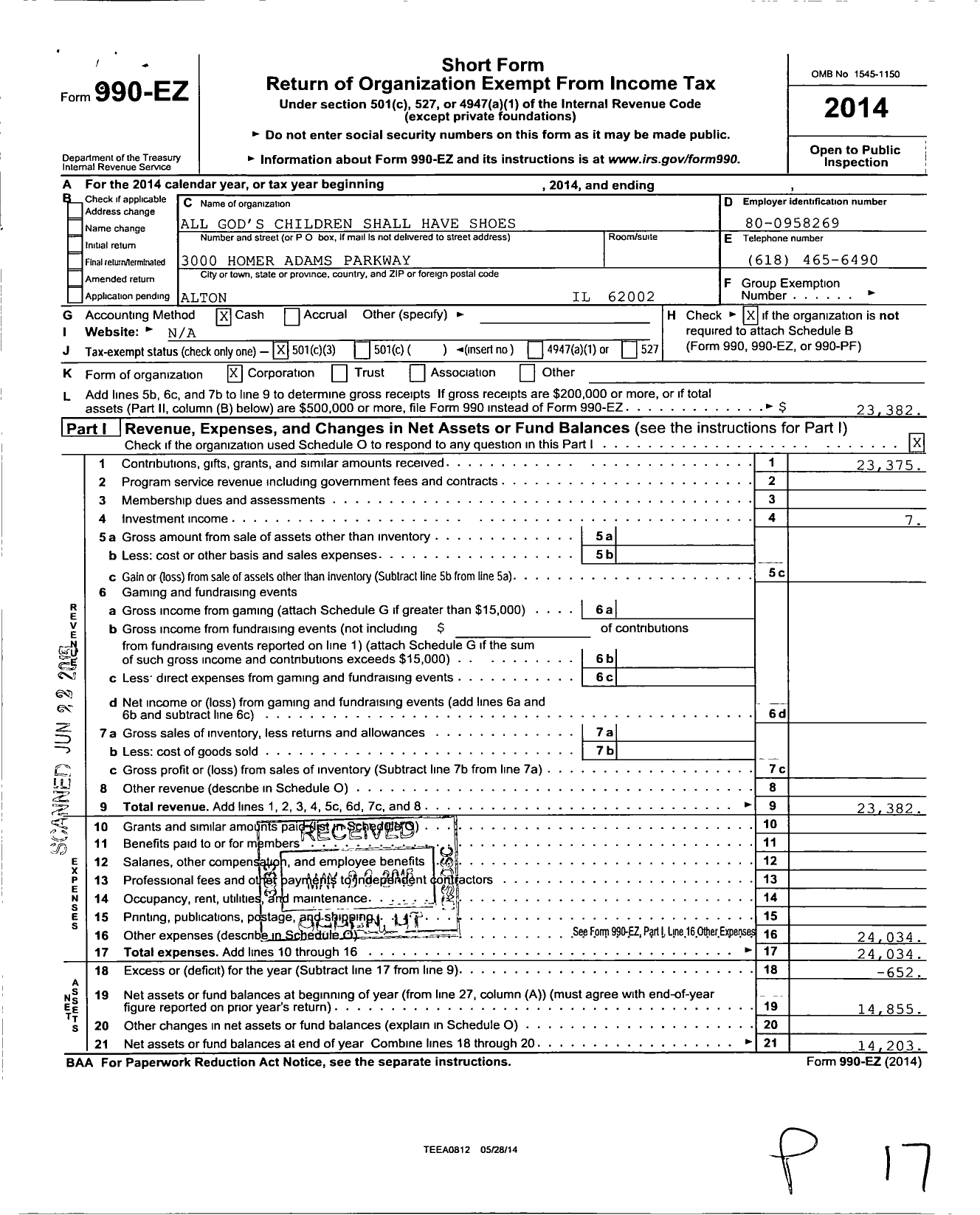 Image of first page of 2014 Form 990EZ for All God's Children Shall Have Shoes