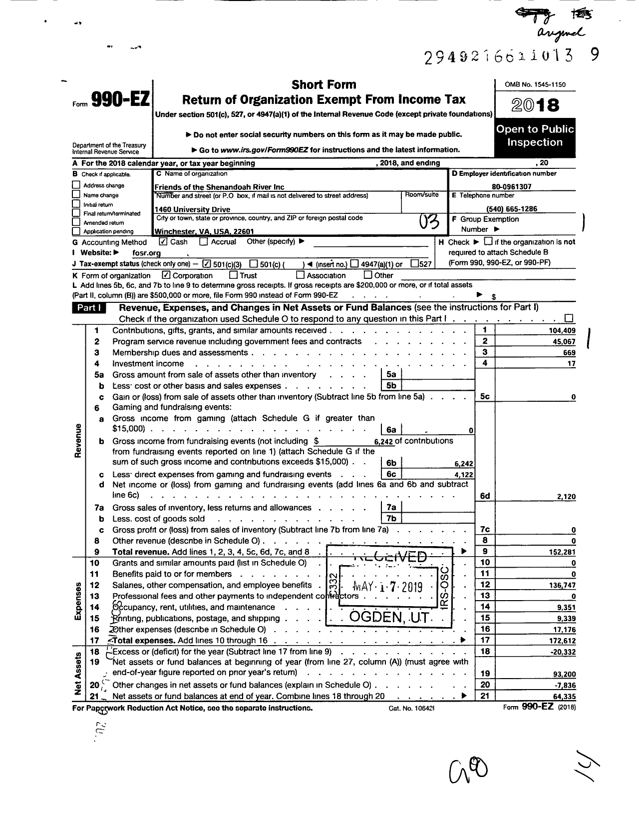 Image of first page of 2018 Form 990EZ for Friends of the Shenandoah River