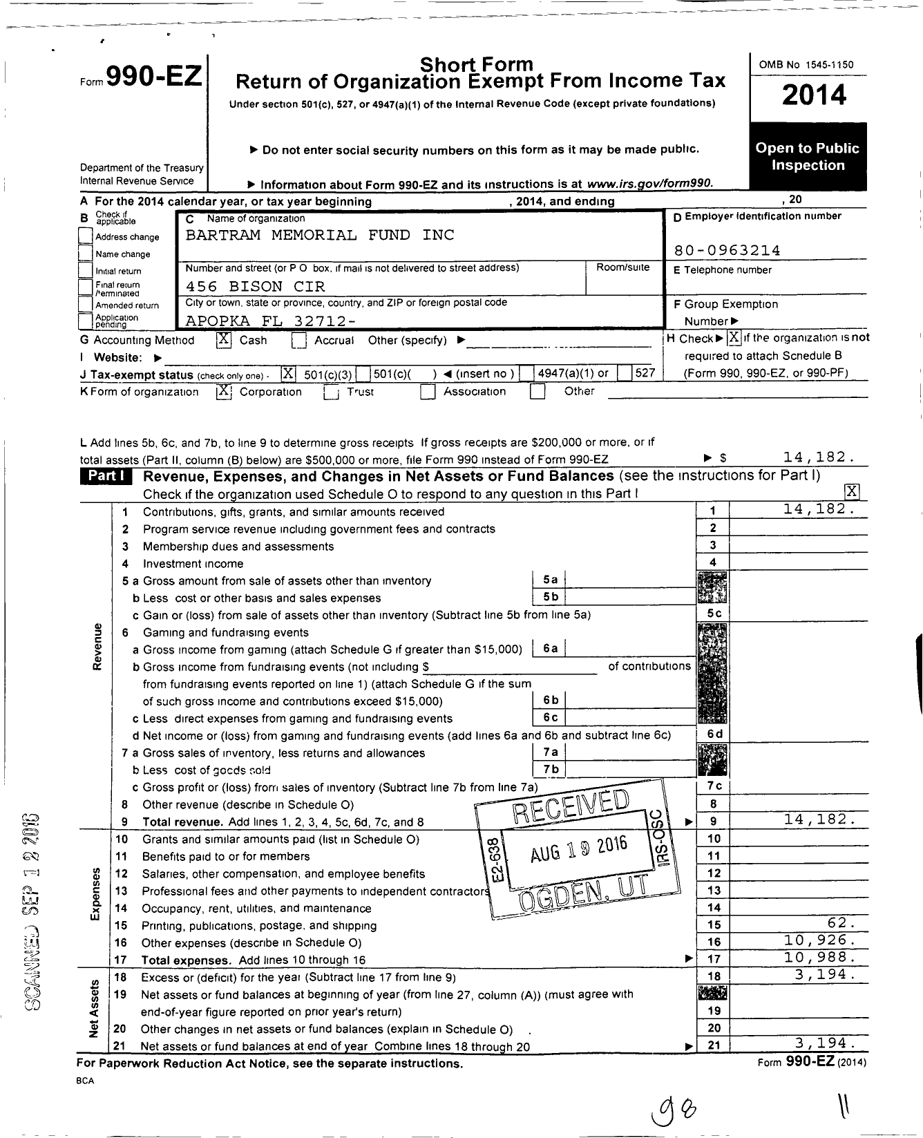 Image of first page of 2014 Form 990EZ for Bartram Memorial Fund