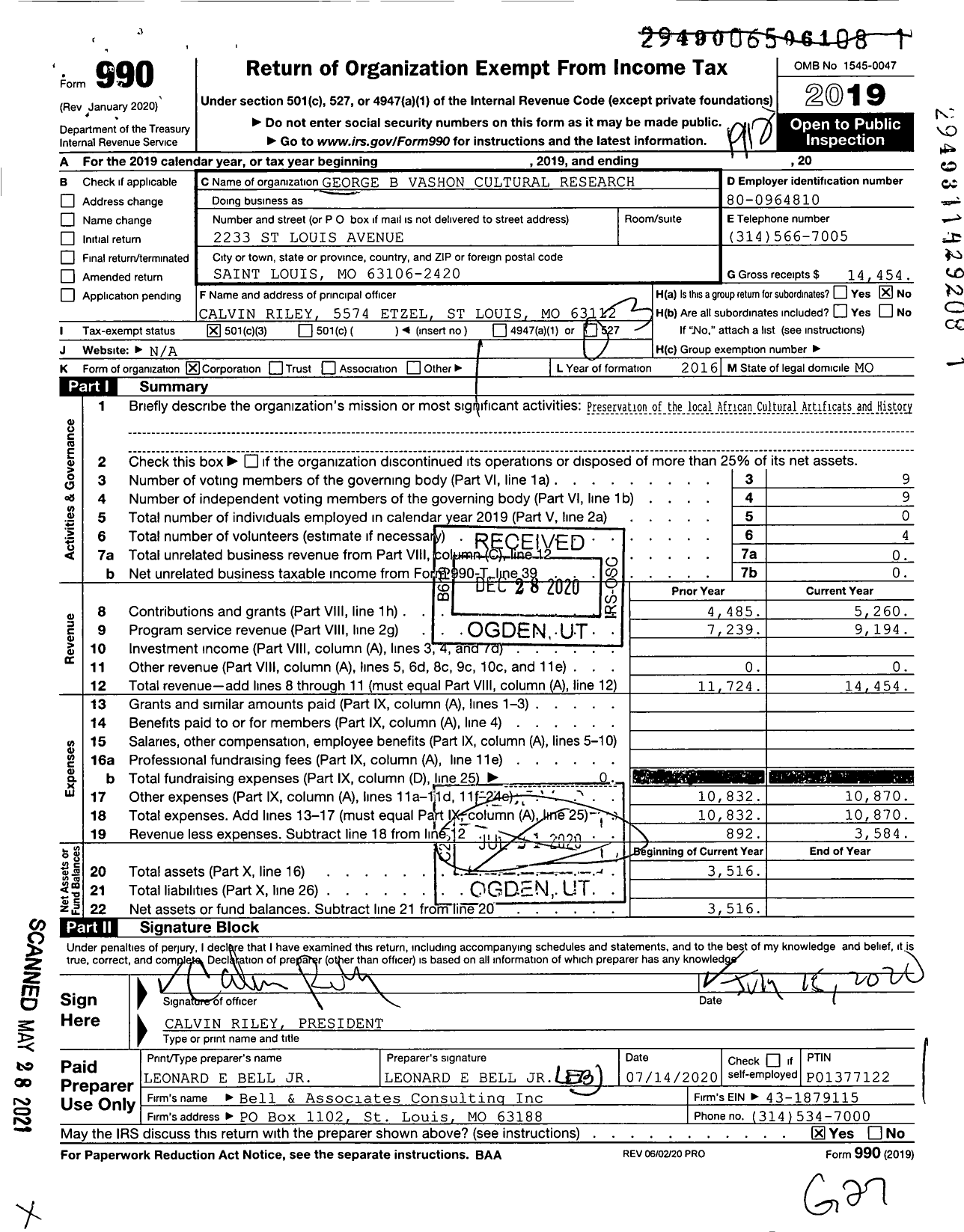 Image of first page of 2019 Form 990 for George B Vashon Cultural Research