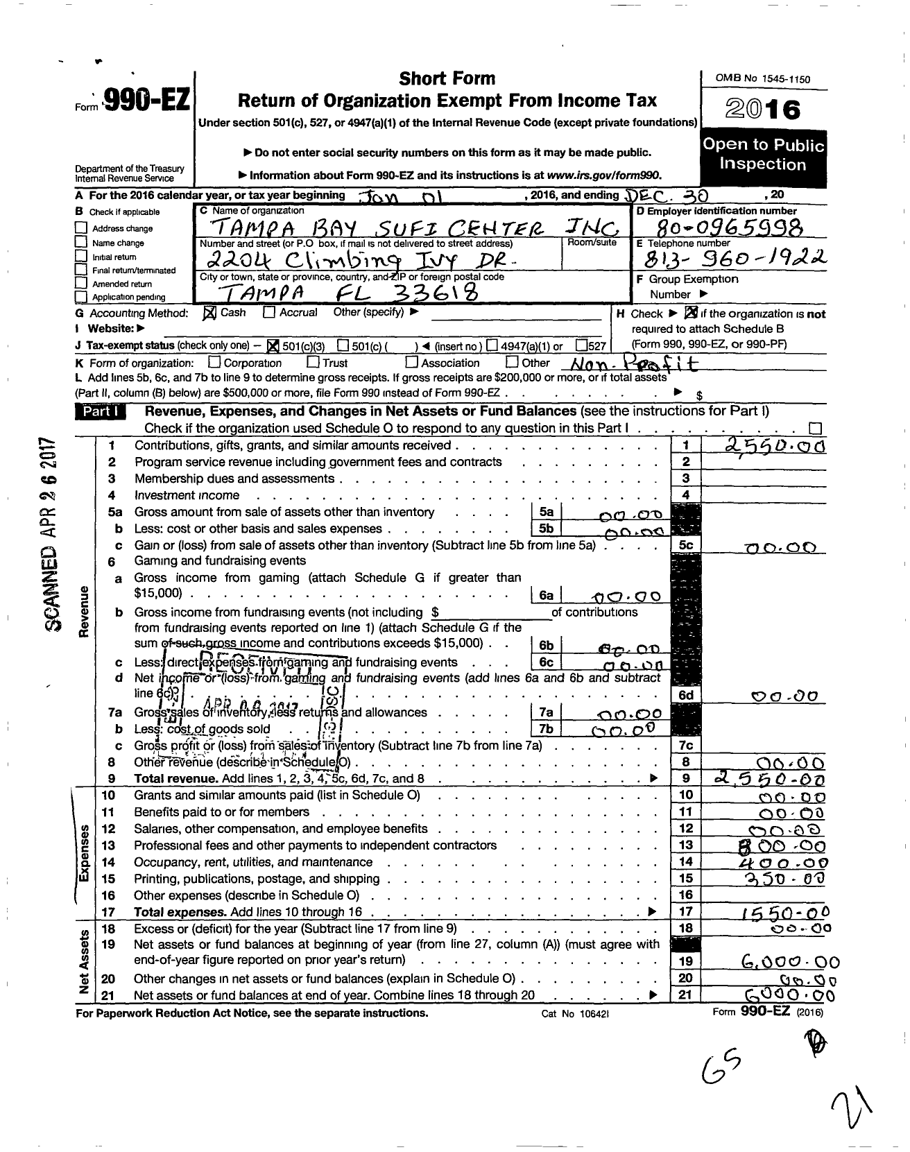 Image of first page of 2016 Form 990EZ for Tampa Bay Sufi Center