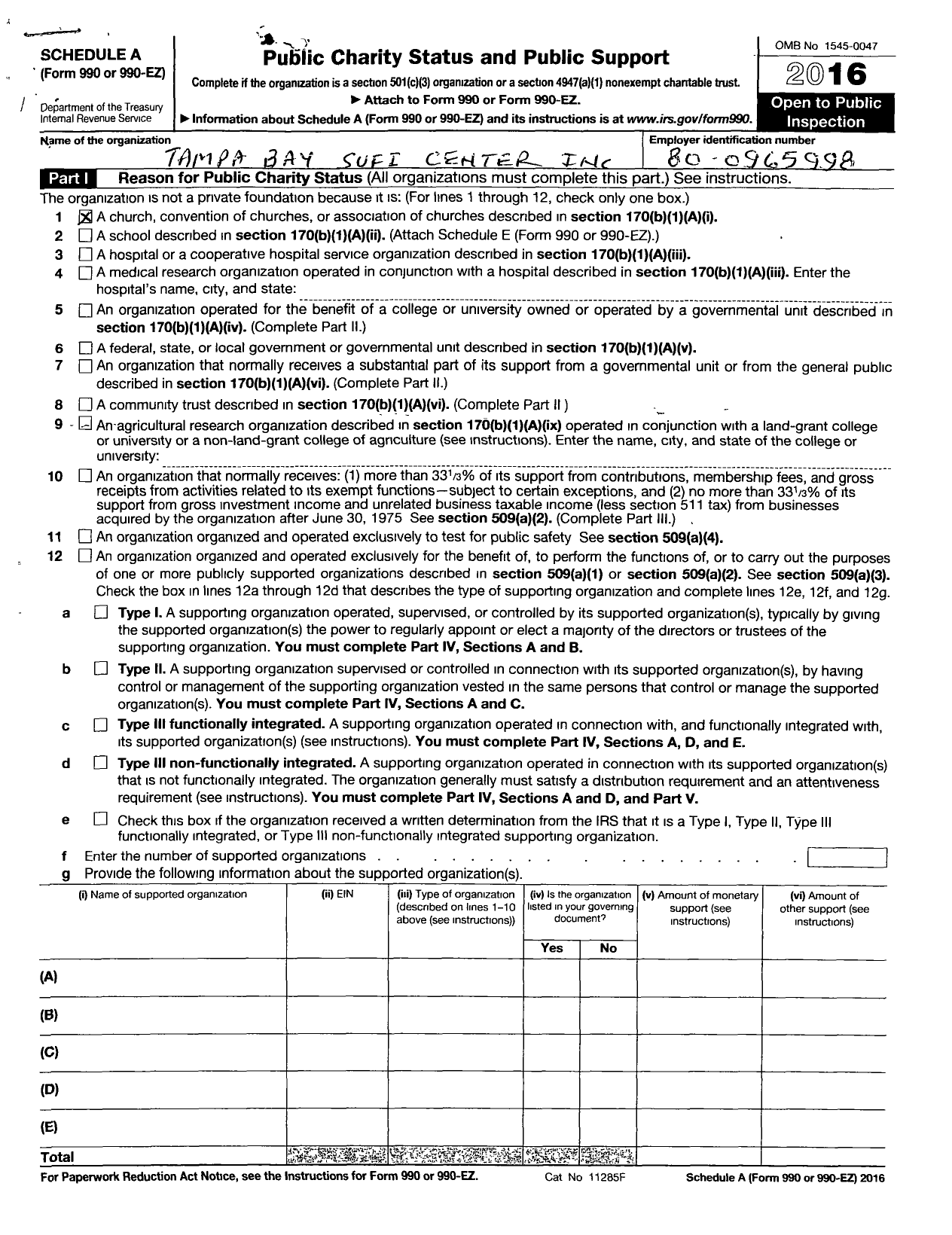 Image of first page of 2016 Form 990ER for Tampa Bay Sufi Center