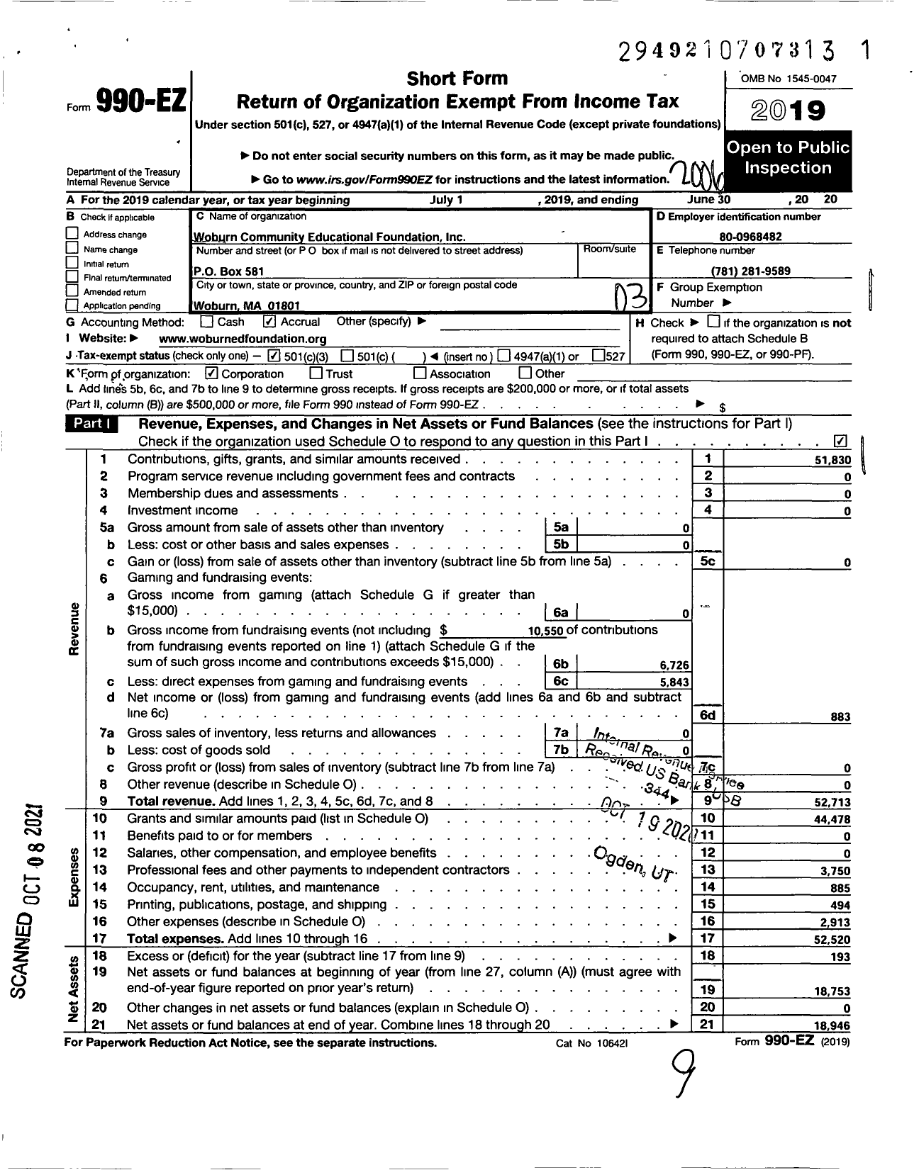 Image of first page of 2019 Form 990EZ for Woburn Community Educational Foundation