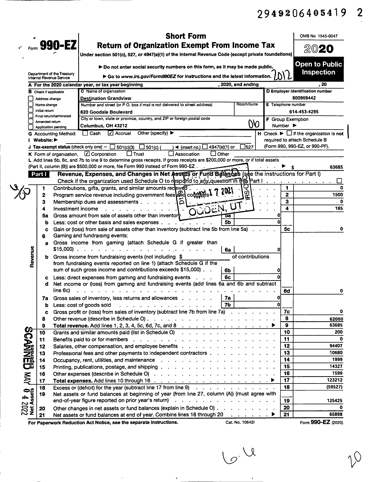 Image of first page of 2020 Form 990EO for Destination Grandview