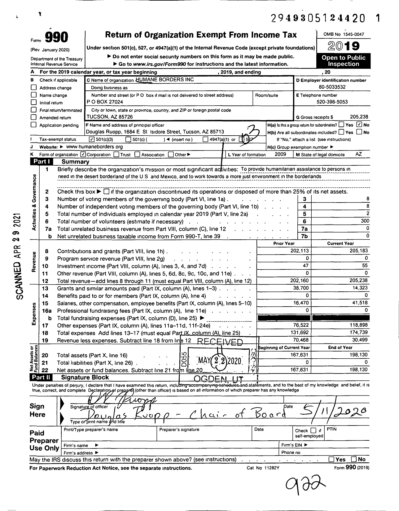 Image of first page of 2019 Form 990 for Humane Borders