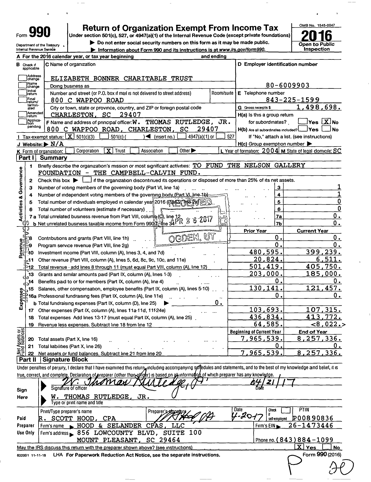 Image of first page of 2016 Form 990 for Elizabeth Bonner Charitable Trust