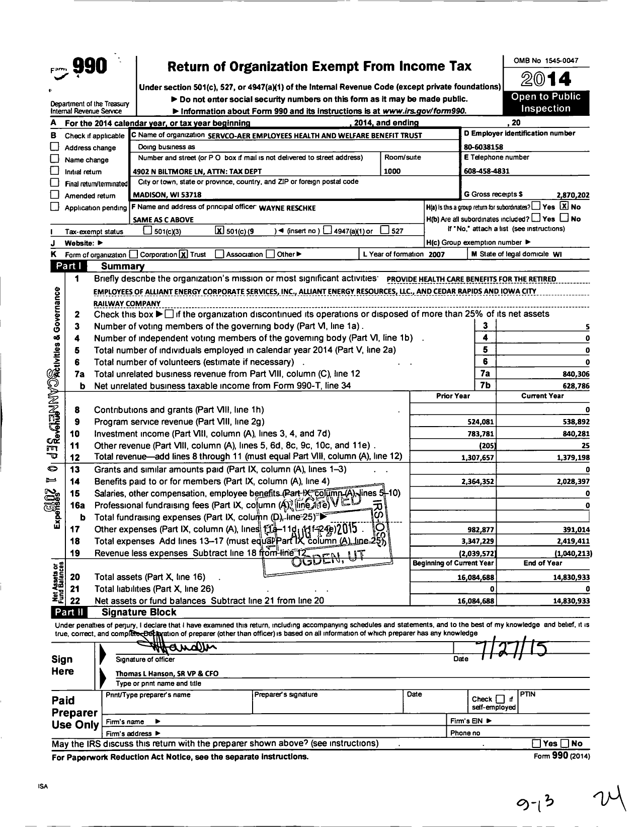 Image of first page of 2014 Form 990O for Servco-Aer Employees Health and Welfare Benefit Trust