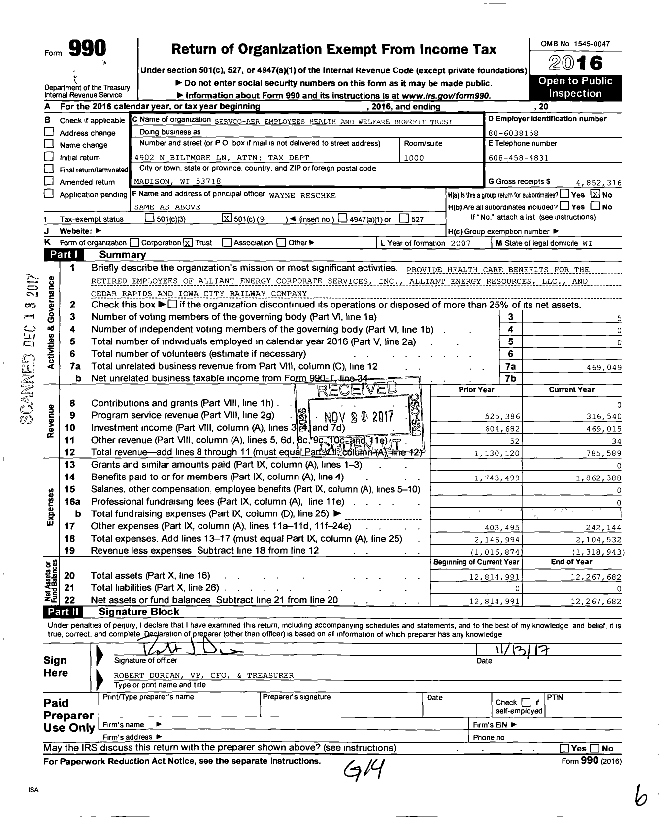Image of first page of 2016 Form 990O for Servco-Aer Employees Health and Welfare Benefit Trust