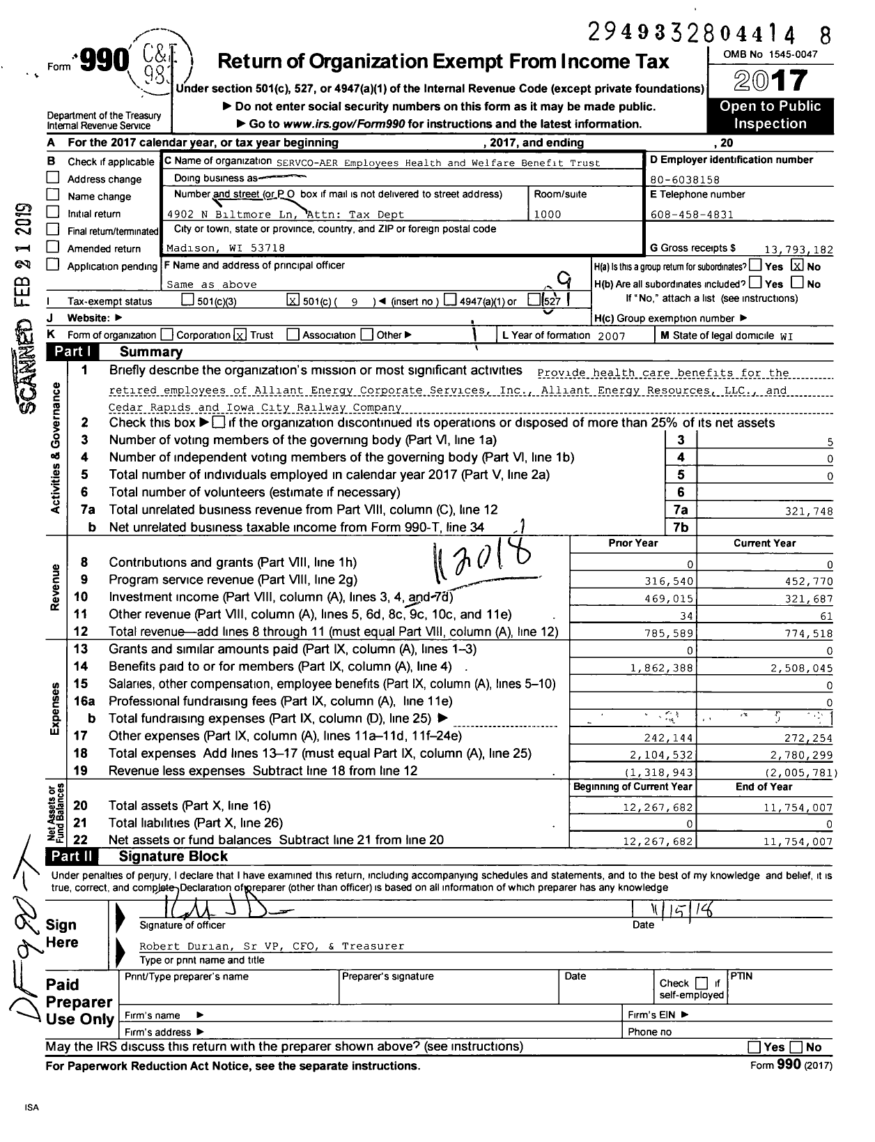 Image of first page of 2017 Form 990O for Servco-Aer Employees Health and Welfare Benefit Trust