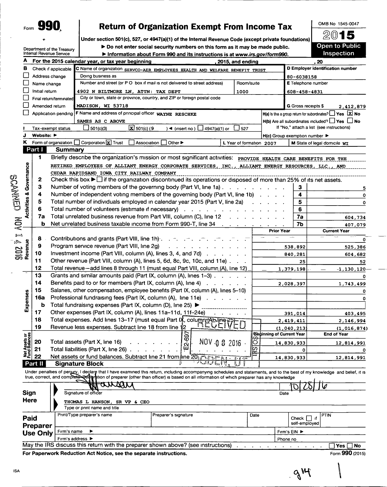 Image of first page of 2015 Form 990O for Servco-Aer Employees Health and Welfare Benefit Trust