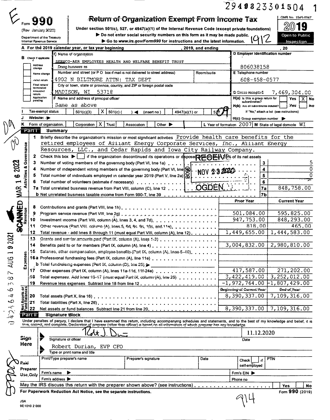 Image of first page of 2019 Form 990O for Servco-Aer Employees Health and Welfare Benefit Trust