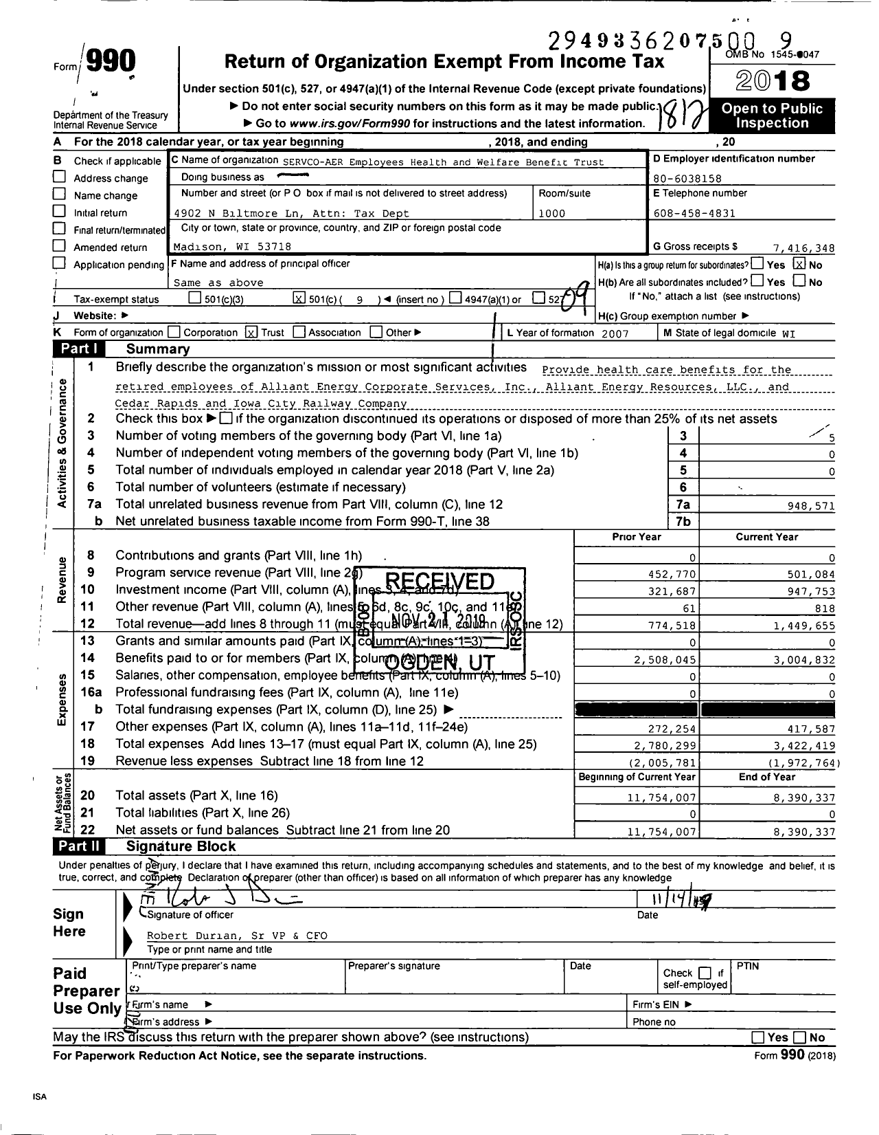 Image of first page of 2018 Form 990O for Servco-Aer Employees Health and Welfare Benefit Trust