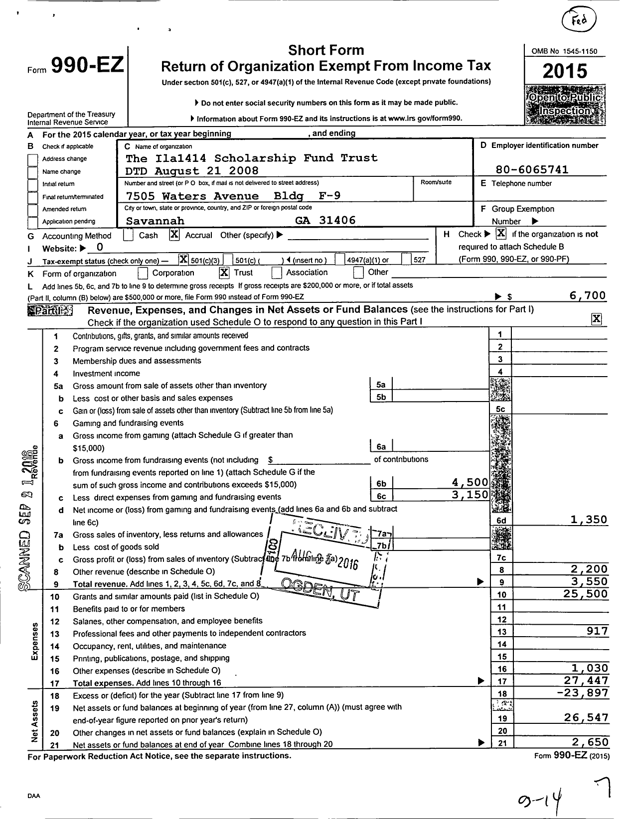 Image of first page of 2015 Form 990EZ for The Ila1414 Scholarship Fund Trust DTD August 21 2008