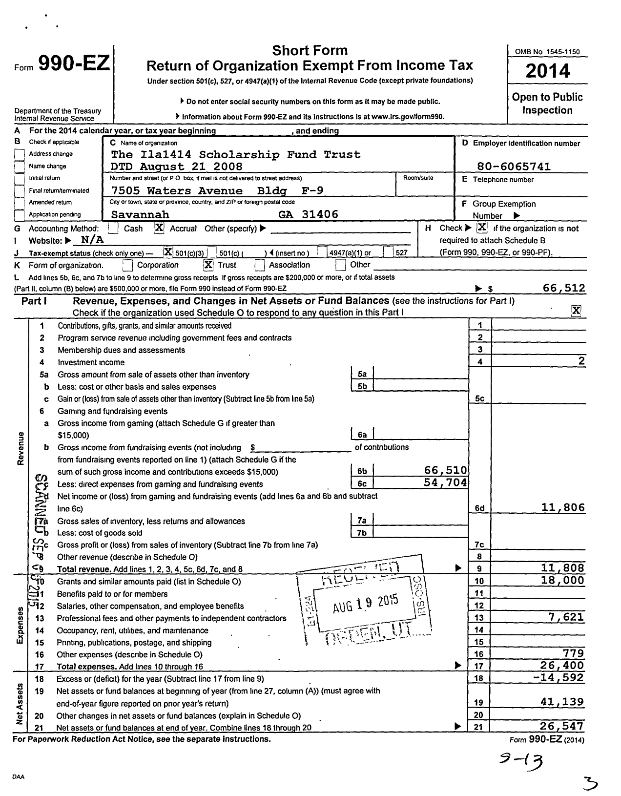 Image of first page of 2014 Form 990EZ for The Ila1414 Scholarship Fund Trust DTD August 21 2008