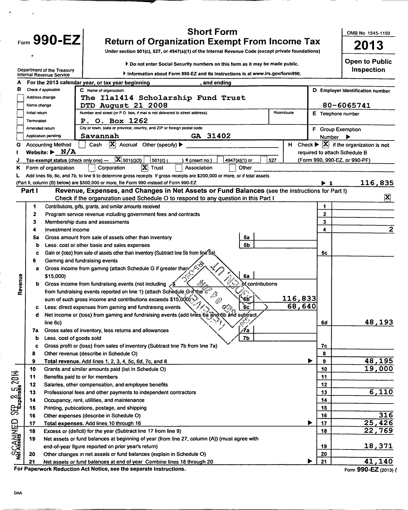 Image of first page of 2013 Form 990EZ for The Ila1414 Scholarship Fund Trust DTD August 21 2008