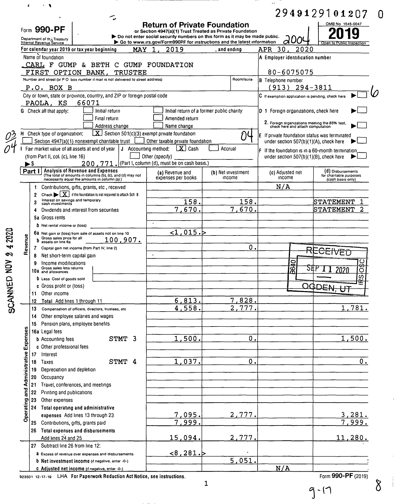 Image of first page of 2019 Form 990PF for Carl F Gump and Beth C Gump Foundation First Option Bank Trustee