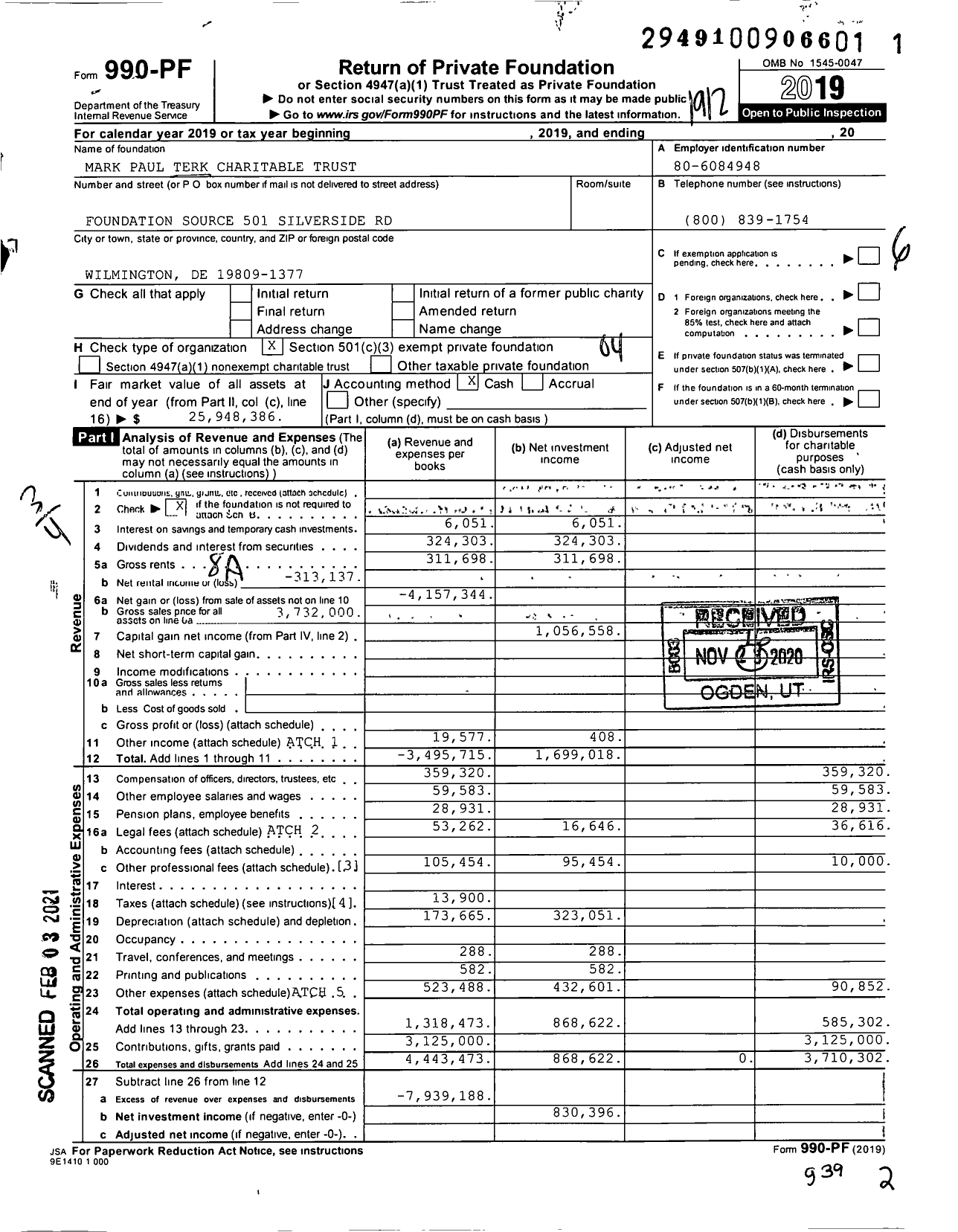 Image of first page of 2019 Form 990PF for Mark Paul Terk Charitable Trust